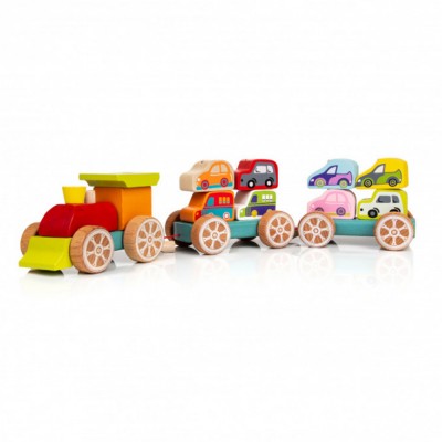 Кубика дрвен воз со автомобили ( 14 елементи) 